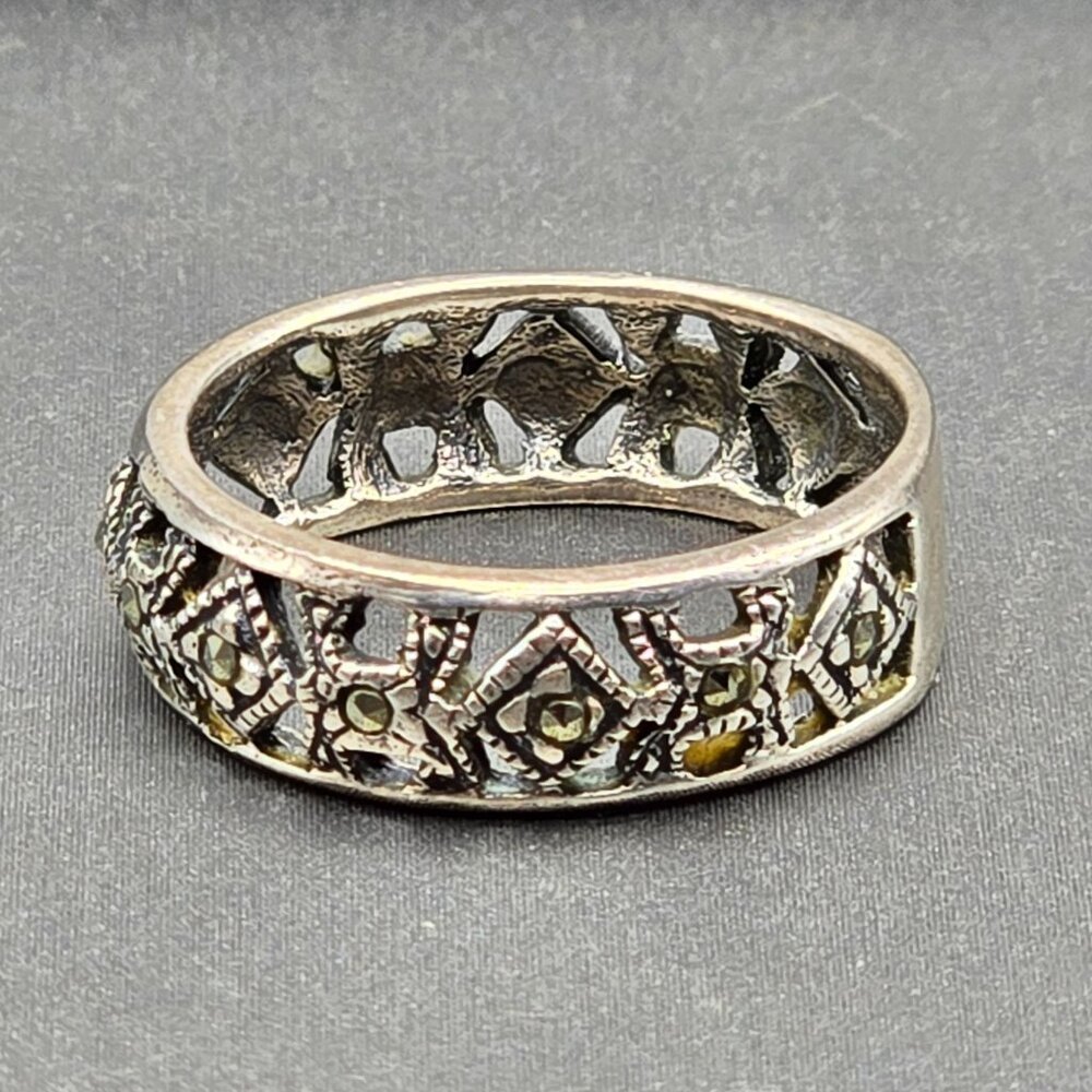 VTG Sterling Silver & Marcasite Lace Filigree 6.3mm Band Ring Size 7.5 Signed - Picture 5 of 7